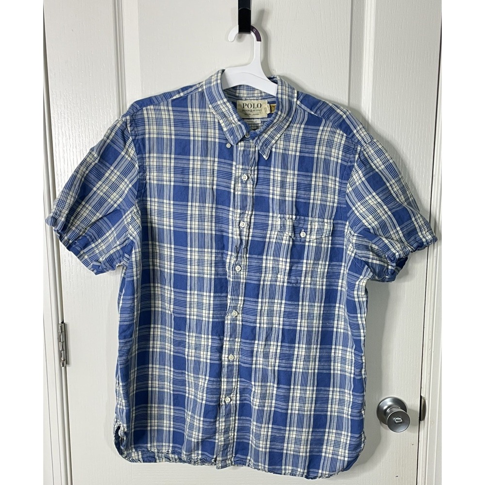 Polo Ralph Lauren Denim Supply Plaid Blue Shirt Men XXL Short Sleeve Button Down
